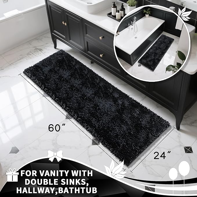 Yimobra Long Bathroom Rugs Runner 60x24 Inch, Extra Thick Soft Absorbent Chenille Bath Mat, Non Slip Machine Washable, Quick Dry Bath Rugs for Bathroom Floor, Tub and Shower, Black