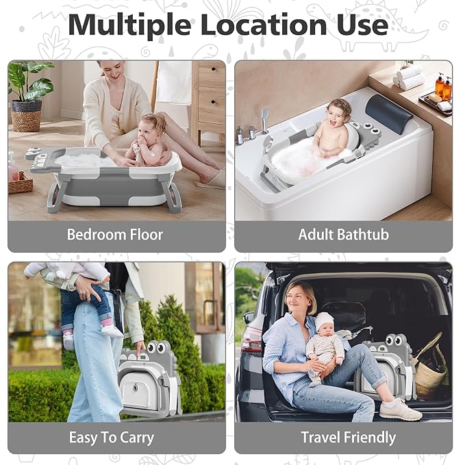 TPN Collapsible Baby Bathtub, Baby Bath Tub with Soft Cushion & Real-Time Thermometer, Baby Bathtub Infant to Toddler Tub (0-36 Months), Portable Travel Baby Tubs for Newborns (Grey)