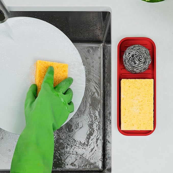 Zulay Kitchen (9x3.5) Silicone Sponge Holder for Kitchen Sink - Flexible Multipurpose Kitchen Soap Tray Sponge Holder - Sink Organizer Tray for Kitchen, Bathroom, Makeup, Trinkets & More (Red)