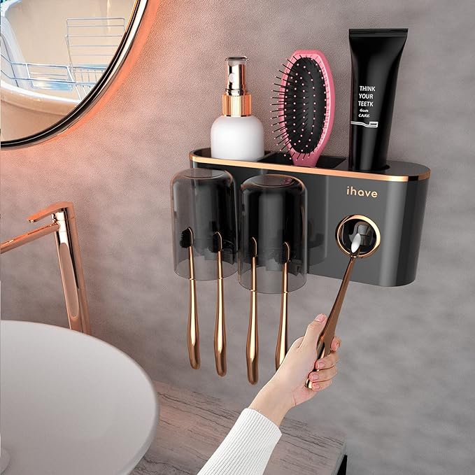 iHave Toothbrush Holders Bathroom Accessories with Toothpaste Dispenser, 2 Cups Toothbrush Holder Wall Mounted Bathroom Decor