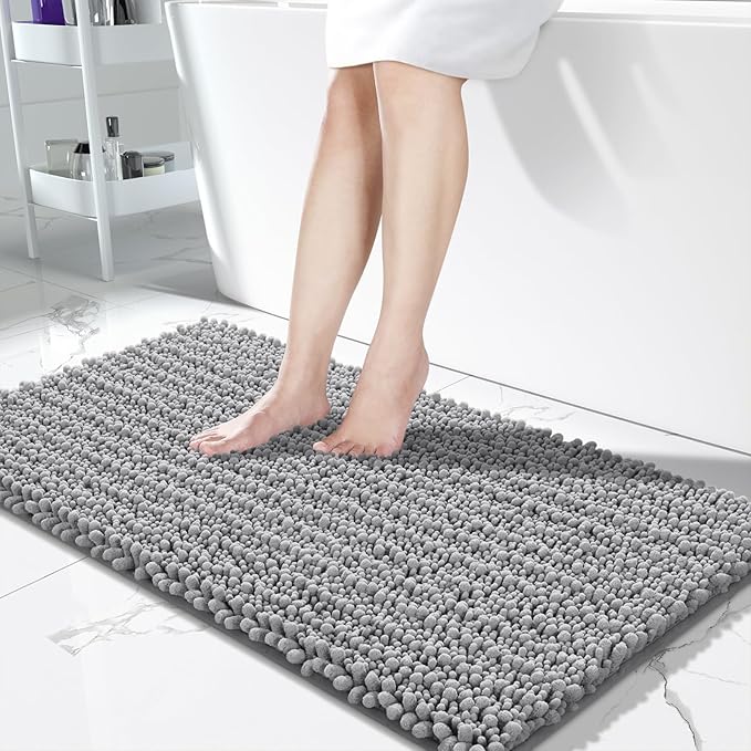Yimobra Bathroom Runner Rug 55x24 Inch - Extra Long Non Slip Chenille Bath Mat, Soft & Absorbent, Machine Washable Shaggy Hallway Carpet for Vanity Tub Shower, Gray Home Decor Accessories