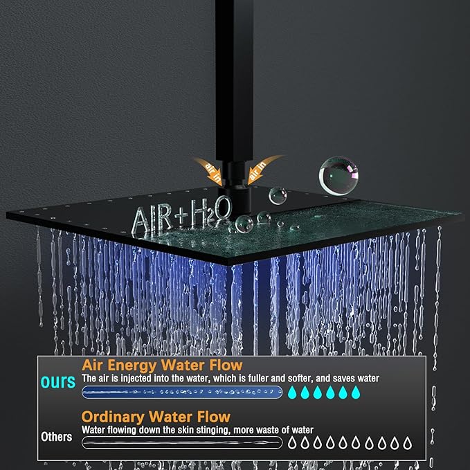 Full Body Rain Shower System - 16inch Matte Black LED Rain Shower Thermostatic Faucet Set - Spray Jet with On-off Switch, Can Run Together