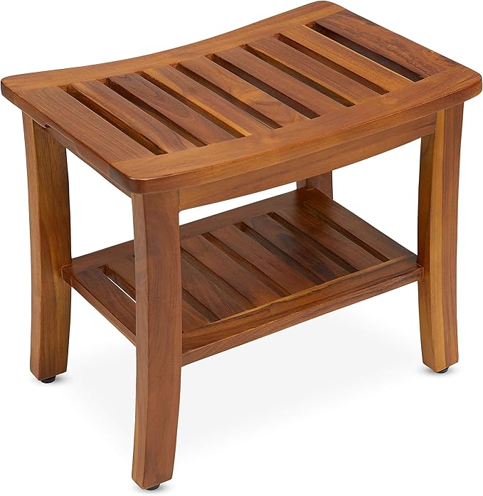Teak Shower Bench 21 Inch, Fully Assembled Wood Bath Stool for Shower & Spa, The Hermod