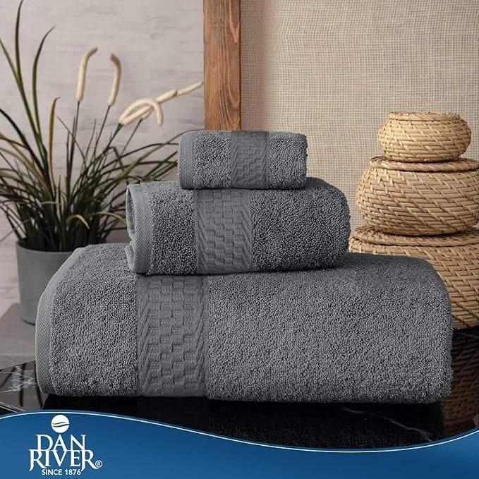 DAN RIVER 100% Ring Spun Cotton 3-Piece Towel Set, Grey, Bath Towel, Hand Towel and Washcloths, 550 GSM - Soft, Absorbent Quick Dry Cotton Towels for Bathroom, Spa, and Gym