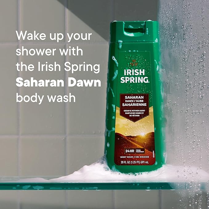 Irish Spring Saharan Dawn Moisturizing Body Wash for Men, 24 Hour Fresh, Face and Body Wash, Paraben Free, Cedar and Vetiver Scent, 20 fl oz Bottle (Pack of 4)
