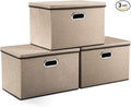 PRANDOM Large Collapsible Storage Bins with Lids [3-Pack] Jute Fabric Foldable Storage Boxes Organizer Containers Baskets Cube with Cover for Home Bedroom Closet Office Nursery (17.7x11.8x11.8)