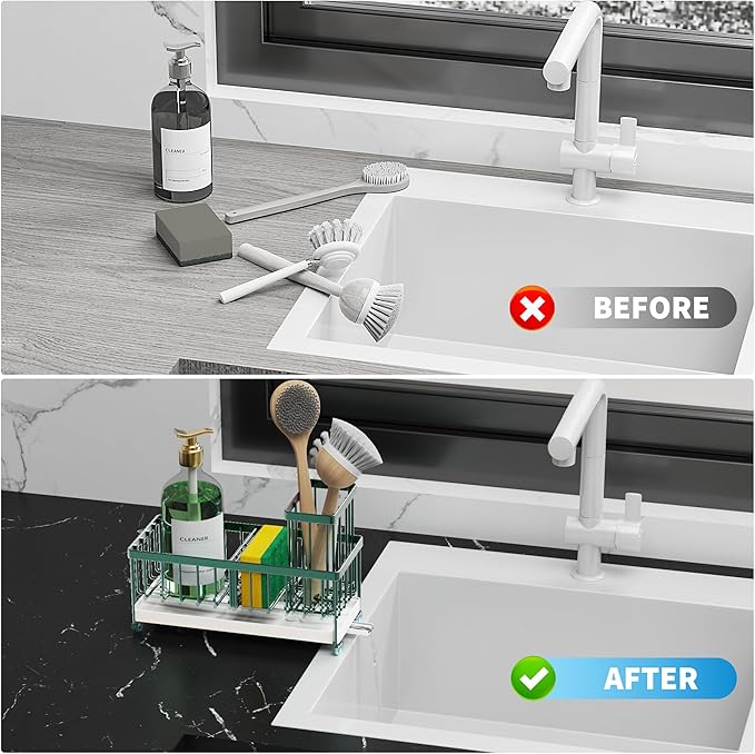 Cisily Sponge Holder for Kitchen Sink, Sink Caddy Organizer with High Brush Holder, Countertop Organizers and Storage Rustproof 304 Stainless Steel, Dark Green Kitchen Decor and Accessories