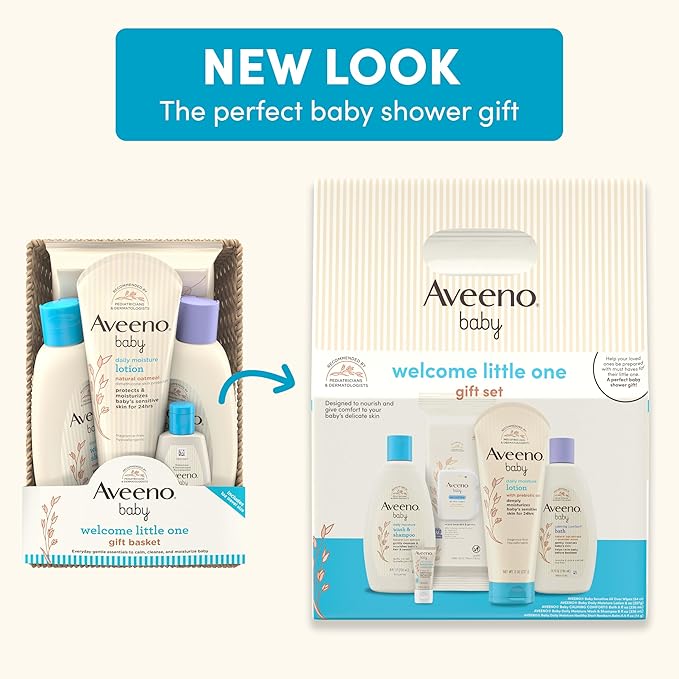 Aveeno Baby Welcome Little One Gift Set, Skincare Set with Nourishing Body Wash & Shampoo, Calming Bath Wash, All Over Wipes, Daily Moisturizing Lotion, & Balm, 5 Items