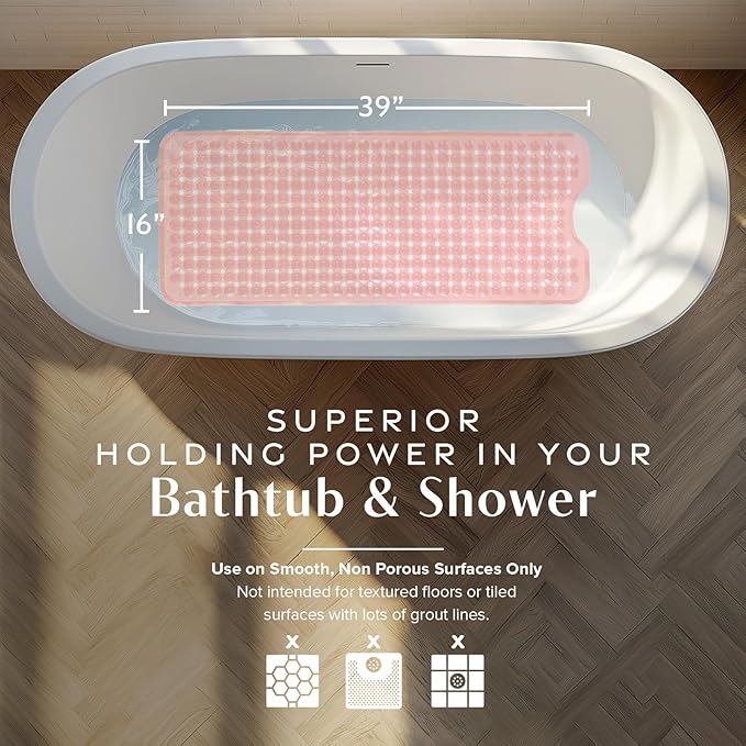 SlipX Solutions Power Grip Bathtub Safety Mat | Precision Grip Technology for Longer, Stronger, & Softer Wet Surface Protection | Clear Coral 39"x16"