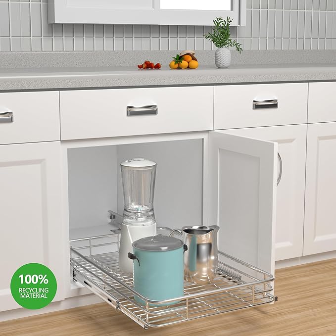 Pull Out Cabinet Organizer (20" W x 21" D), Put Out Shelves for Kitchen Cabinets, Roll Out Drawers Heavy-Duty Metal Sliding Shelf, Bottom Mount