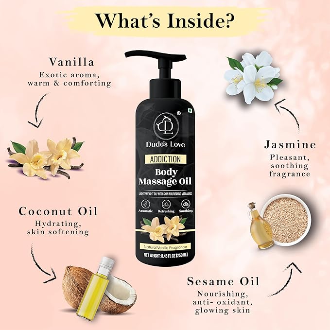 Organic - Vanilla Edible Full Body Massage Oil - No Stain & Non-Sticky | with Fractionated Coconut Oil, Vanilla & Jasmine Oil, Date Night | Massage Oil for Massage Therapy - 8.45 Fl Oz
