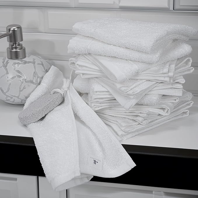 Tens Towels Pack of 12 Washcloths, 12 x 12 Inches, Lighter Weight, Quick to Dry, Super Soft & Absorbent, Gentle Face Towels, Hotel Quality, Perfect for Bathroom, Gym, Spa (White, 12 Pack)