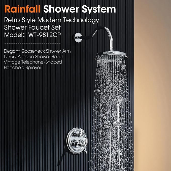 Shower System with Rain Shower Head, Handheld Spray, Rough-in Valve and Trim Kit 9 Inch Bathroom Luxury Rain Mixer Shower Complete Combo Set Wall Mounted High Pressure Shower Faucet Set Chrome