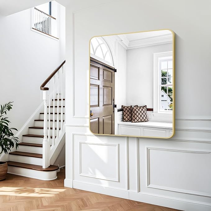 BONEWEI Gold Bathroom Mirror,40x48 inch Wall Mirror for Bathroom Wall Mounted,Round Rectangle Mirror for Bathroom Over Sink,Modern Frame for Home Decor Living Room,Bedroom Entryway,Horizontal/Vertical