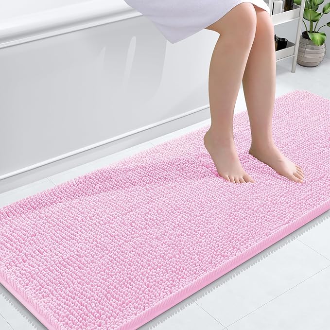 OLANLY Bathroom Rugs 59x24, Extra Soft Absorbent Chenille Bath Rugs, Rubber Backing Quick Dry, Machine Washable Bath Mats for Bathroom Floor, Tub and Shower, Home Decor Accessories, Pink