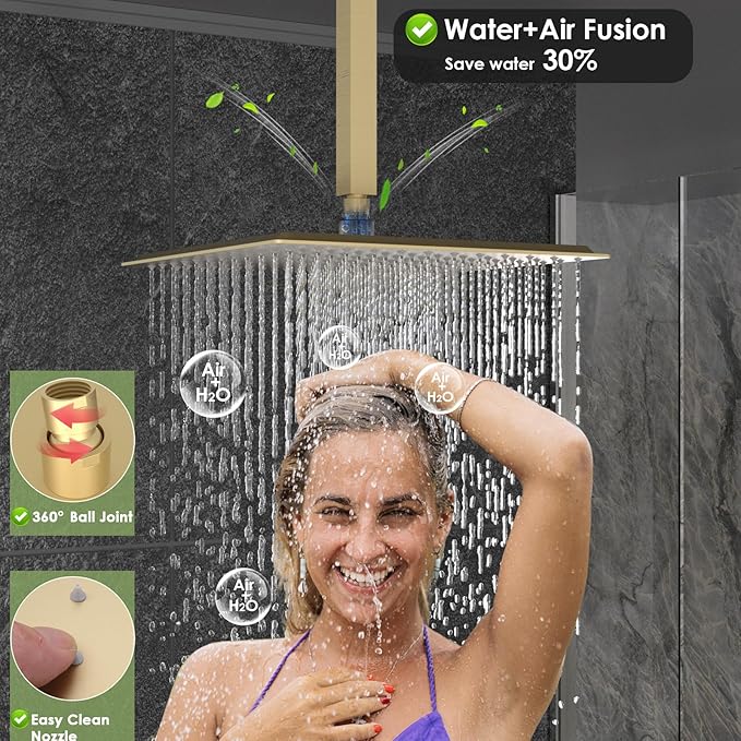 Enga Brushed Gold Rain Shower System with Body Jets, 12 inch Rain Shower Body Spray Jets System Ceiling Mounted Shower Faucet Set with 3-Function Brass Shower Valve