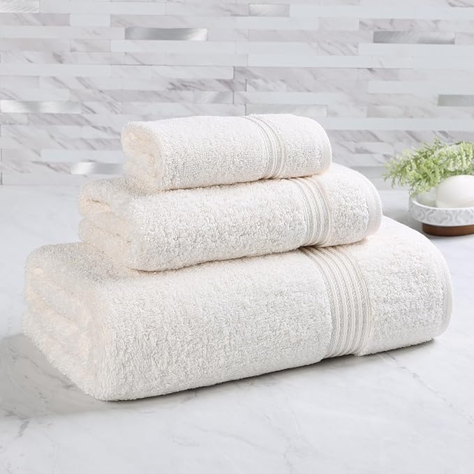 Superior Egyptian Cotton 3-Piece Towel Set, Basic Towels For Bathroom, Home Decor, Guest Bath, Shower, Apartment, Included 1 Face, 1 Hand, 1 Bath Towel, Washcloth, Quick Dry, Ivory