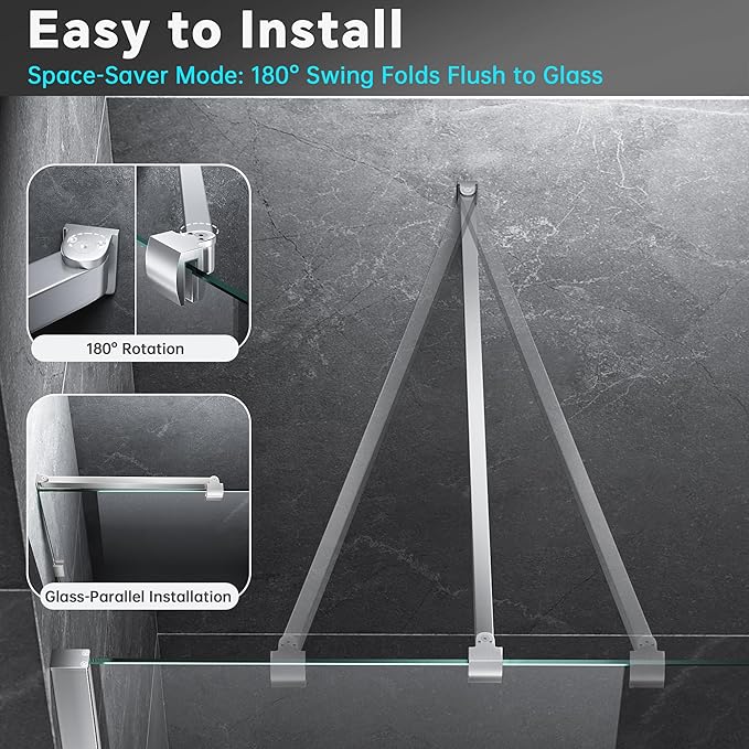 Frameless Shower Door Support Bar, Stainless Steel Wall-to-Glass Support Arm to Fixed Shower Glass Panel, for 1/4"-3/8" (6-10 mm) Door, 180° Pivot & Stow-Flat Mode (Brushed Nickel, 31.5-inch(800mm))