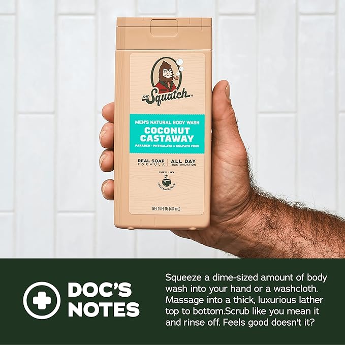 Dr. Squatch NEW Body Wash for Men with Nourishing, Natural Ingredients | No Paraben, Phthalate, Sulfate | All Day Moisture | Long Lasting Scent | Coconut Castaway & Wood Barrel Bourbon (14 oz, 2-Pack)