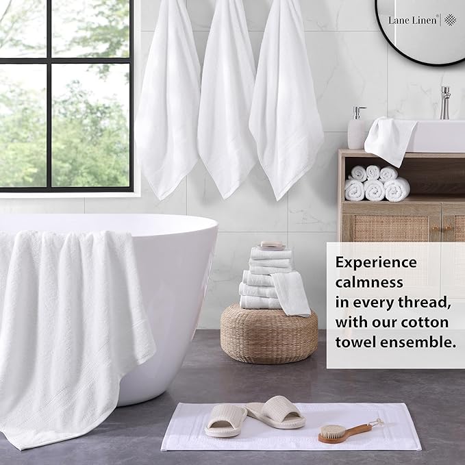 LANE LINEN 100% Cotton Luxury White Bath Towels - 18 Pieces, Ring-Spun Technology - 4 Bath, 8 Washcloths, 6 Soft Hand Towels, Machine Washable, Remains Soft & Absorbent Even After Multiple Washes