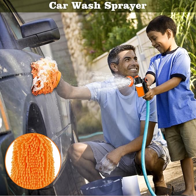 Upgrade Dog Washing Hose Attachment with Soap Dispenser, Dog Bath Hose Attachment with Pet Bath Brush Car Wash Mitt and Dog Comb for Watering Plants, Lawn, Showering Pet(Orange)