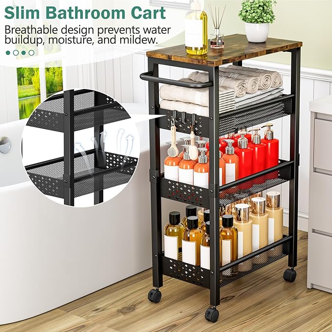 Utility Slim Storage Cart with Wheels, 4-Tier Narrow Rolling Organizer Shelf with Wood Top, Metal Storage Rack and Space-Saving Organizer for Bathroom, Kitchen, Laundry Room, Small Spaces