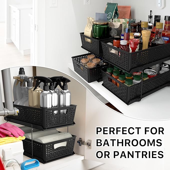 Simple Houseware 2 Tier Bathroom Organizer Tray Pull-Out Sliding Drawer, Under Sink Storage, Black