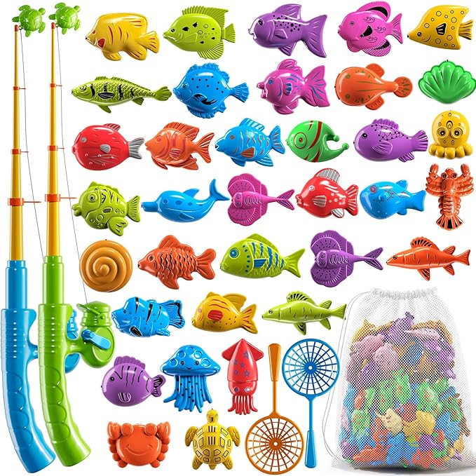Magnetic Fishing Game Pool Toys for Kids 3-5, Water Table Bathtub Kiddie Party Toy with Pole Rod Net Plastic Floating Fish, Outdoor Toys for Boys Girls Kids Age 3 4 5 6 7 8 Year Old