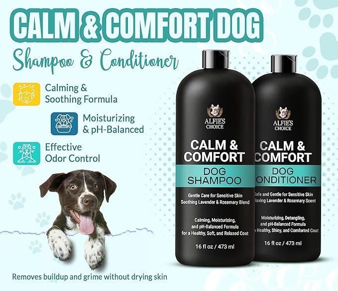 ALFIE'S CHOICE Calm & Comfort Dog Shampoo & Conditioner Set | 16 fl oz Each | with Lavender, Rosemary & Vitamin E | Calming Dog Wash for Itchy Skin, Dry Coat, Odor & All Breeds