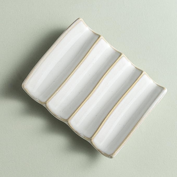 Soap Dish with Self Drain Fluted Design, Bar Soap Holder for Bathroom, Japanese Soap Tray for Shower, Bathroom and Kitchen Sink Organizer, Ceramic Soap Saver, White
