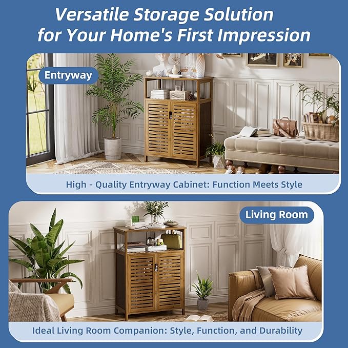 HITNET Walnut Bathroom Floor Cabinet, Bamboo Side Tall Storage Organizer, Freestanding Kitchen Cupboard with Door and Shelf