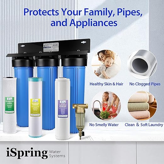 iSpring Whole House Water Filter System w/Spin Down Sediment Filter, Polyphosphate Anti-Scale, GAC+KDF, and Carbon Block Water Filters, Water Descaler and Water Filter, Model: WGB32B-KDS+WSP50