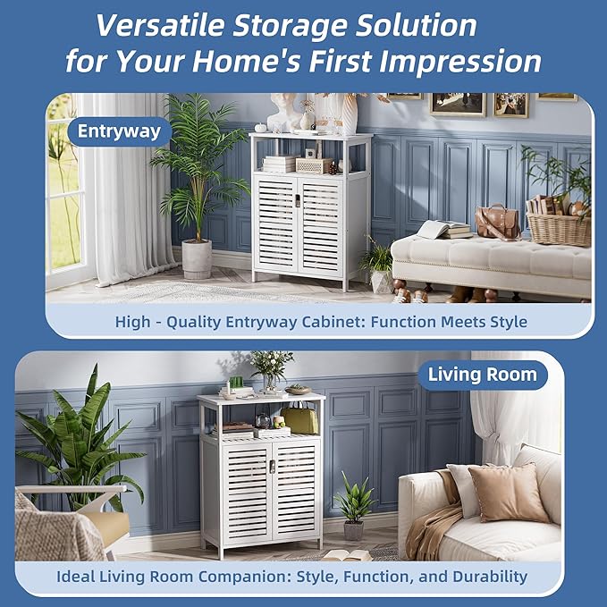 HITNET White Bathroom Cabinet, Bamboo Storage Cabinet Freestanding, Side Tall Storage Organizer for Kitchen Living Room Entryway