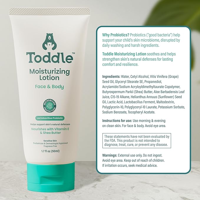 Probiotic Moisturizing Lotion for Face & Body, Eczema & Dry Skin Relief, Fragrance-Free with Vitamin E, Shea Butter for Sensitive Baby & Kids Skin, Pediatrician-Approved, 8oz
