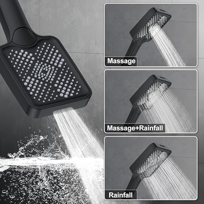 KOJOX Matte Black Thermostatic Shower System, Push Button Diverter Shower Faucet Set with 12" Ceiling Mount Rain Shower, 6" Wall Mount Shower Head, and 4-in-1 Handheld Spray