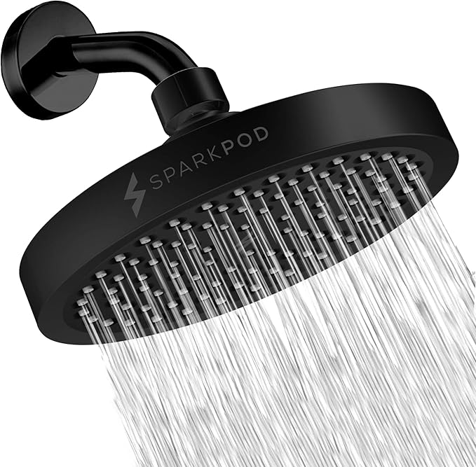 SparkPod Shower Head - High Pressure Rain - Premium Quality Luxury Design - 1-Min Install - Easy Clean Adjustable Replacement for Your Bathroom Shower Heads (Midnight Black Matte, 6 Inch Round)