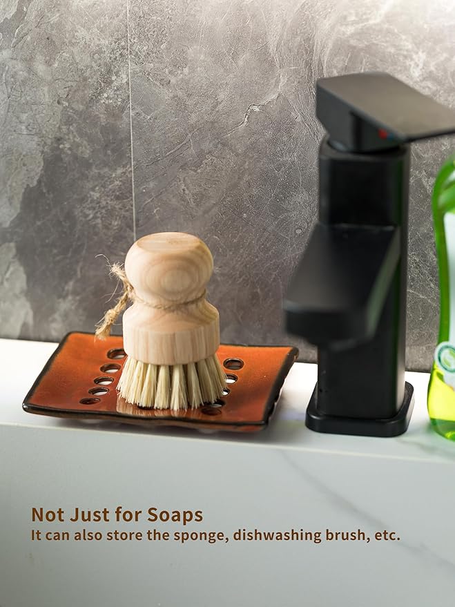 Soap Holder with Self Drain, Ceramic Soap Dishes for Bar, Shower, Japanese Soap Tray for Kitchen and Bathroom, Keep Sink Dry and Tidy, Red