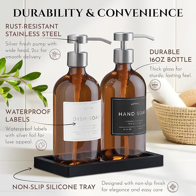 Lotion, Hand & Dish Soap Dispenser for Kitchen Sink - Bathroom Soap Dispenser Set of 2 16.8 Oz Glass Bottles with Stainless Steel Pump, 15 Water Proof Labels & Silicon Tray (Amber/Silver)