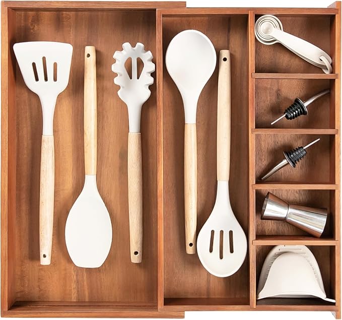 KitchenEdge Adjustable Kitchen Drawer Organizer for Utensils and Junk, Food-Safe Contract Grade with 100% Sustainable Wood, Non-Slip, Expandable from 10.5 to 18.5 Inches Wide - Natural Acacia