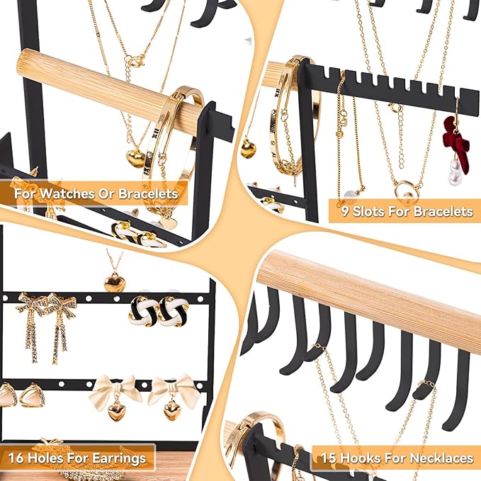 DreamGenius Jewelry Organizer Stand with Velvet Ring Holder, 4 Tier Jewelry Holder Organizer with 15 Hooks for Necklaces and 16 Holes for Earrings, Black
