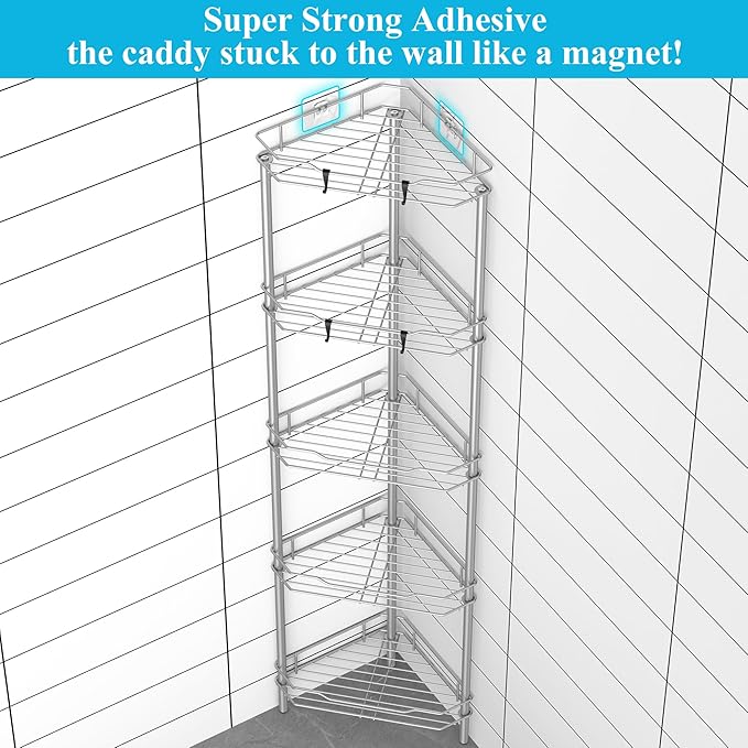 5 Tier Floor Standing Corner Shower Caddy Organizer Shelf with Hooks, Bathroom Shelves Stand Rack, Gray
