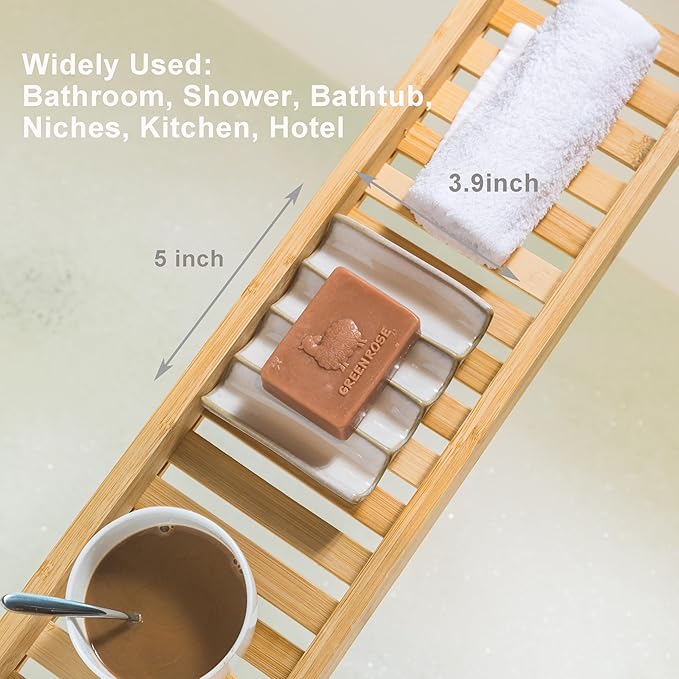 Soap Dish with Self Drain Fluted Design, Bar Soap Holder for Bathroom, Japanese Soap Tray for Shower, Bathroom and Kitchen Sink Organizer, Ceramic Soap Saver, White