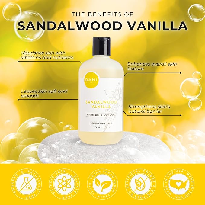 DANI Naturals Body Wash - Warm Sandalwood Vanilla Scent with Organic Aloe Vera & Natural Glycerin - Sulfate & Paraben-Free Shower Gel - For Men & Women - 12 oz - Vegan & Cruelty-Free