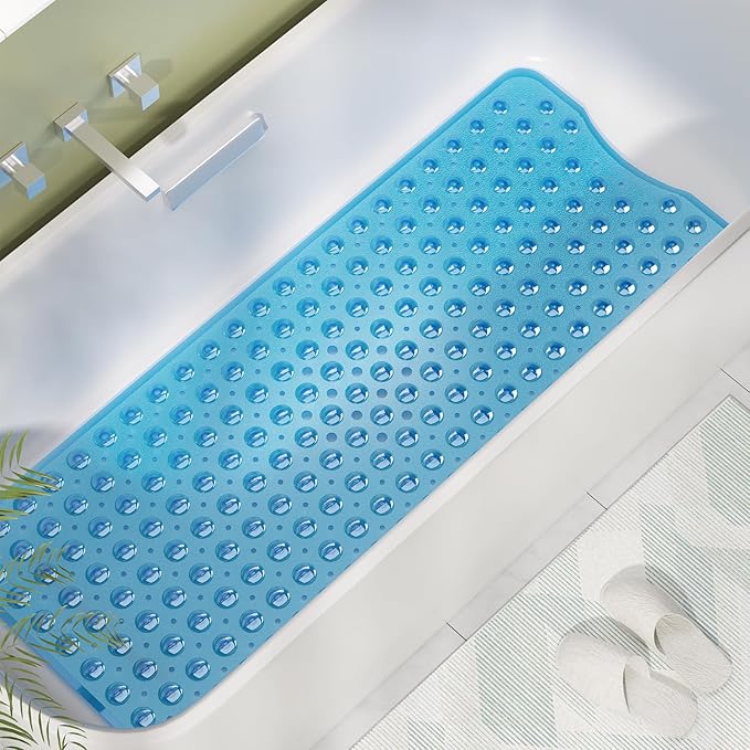 AmazerBath Shower Mat Non Slip 40 x 16 Inches, Bathtub Mat Shower Stall Mats with Suction Cups and Drain Holes, Non Slip Bath Mat for Tub for Elderly & Kids, Clear Blue