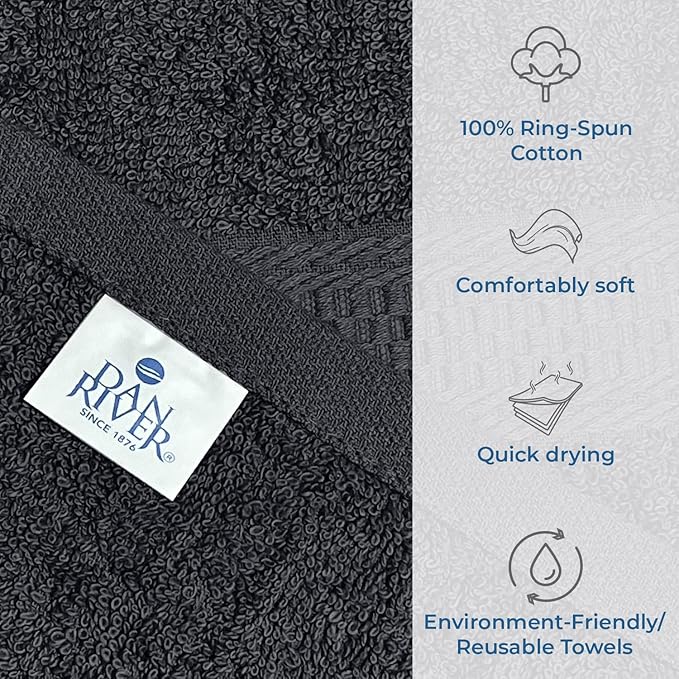 DAN RIVER 100% Ring Spun Cotton 3-Piece Towel Set, Dark Gray, Bath Towel, Hand Towel and Washcloths, 550 GSM - Soft, Absorbent Quick Dry Cotton Towels for Bathroom, Spa, and Gym