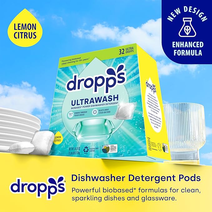 Dropps UltraWash Dishwasher Pods, Lemon Citrus (32 Count) - Biobased Power Deep Clean Dishwasher Detergent Tablets for Sparkling Shiny Dishes - No Rinse Aid or Pre-Wash Needed - Dishwashing Pods