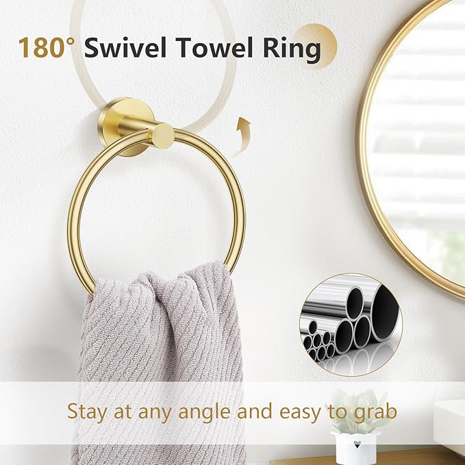 TNOMS 5-Piece Towel Bar Set Brushed Gold Bathroom Hardware Accessories Set Include 23.6in Towel Bar Toilet Paper Holder Towel Ring Towel Hooks Stainless Steel Towel Holder Set Wall Mounted