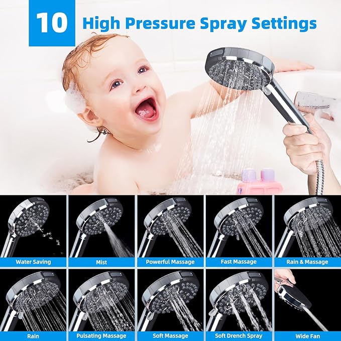 Hibbent All Metal 10'' Dual Filtered Rainfall Shower Head Combo, High Pressure Handheld Shower Head with 16'' Adjustable Arc Extension Arm, 20 Stage Shower Filter, 10-spray, 71'' Shower Hose, Chrome