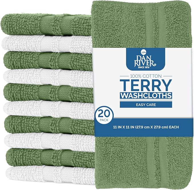 DAN RIVER 100% Cotton Washcloths 20 Pack Premium Quality Face and Body Cloth, Quick Dry Essential Towels for Bathroom, Hand, Kitchen & Cleaning, Baby Rugs | 11X11 in | 400 GSM | Sage Green+White
