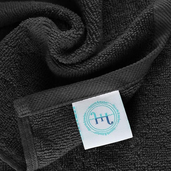 Hearth & Harbor Washcloths 12 Pack - 100% Cotton Washcloth for Body and face, High Absorbent and Soft 13"x13" Body Wash Cloth, Quick Dry - Black Washcloths